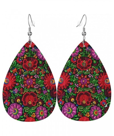 Hungarian Folk Embroidery Flower Leather Earrings Teardrop Dangle Earrings For Women Girls $8.80 Earrings