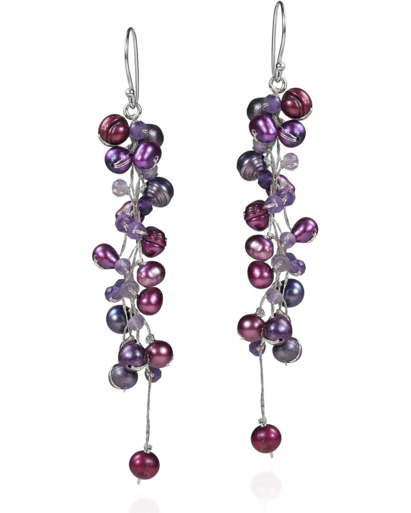 Elegantly Classy Cultured Freshwater Purple Pearls & Simulated Amethyst Long Dangle Earrings, Long Dangle Earrings for Women,...