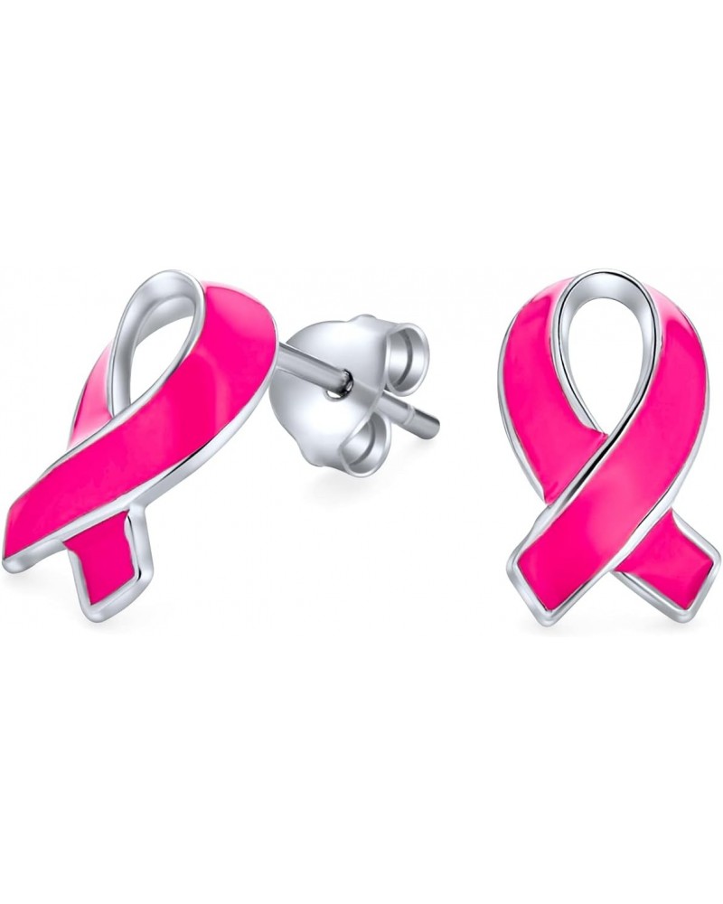 Breast Cancer Awareness Pink Ribbon Support Enamel Stud Earrings For Women .925 Sterling Silver $11.21 Earrings