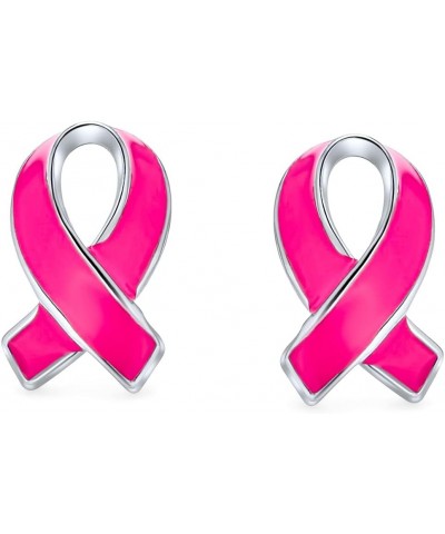 Breast Cancer Awareness Pink Ribbon Support Enamel Stud Earrings For Women .925 Sterling Silver $11.21 Earrings