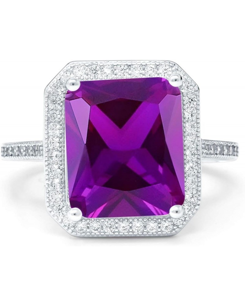 Halo Emerald Cut Art Deco Engagement Ring Round Cubic Zirconia 925 Sterling Silver Simulated Amethyst CZ $15.36 Rings