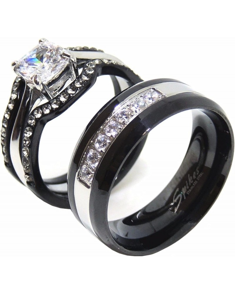 His Hers Couples Ring Set Womens Black Stainless Steel Promise Ring Mens 7 CZ Wedding Band Size Women's 09 Men's 13 $21.19 Sets