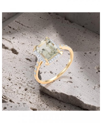 10K Solid Gold Solitaire Gemstone Genuine Diamond Ring for Women Rectangle-Prasiolite $61.50 Rings