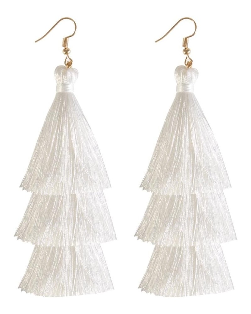 Tassel Earrings Tiered Thread Tassel Dangle Earrings Statement Layered Tassel Drop Earrings 3 layers white $8.82 Earrings