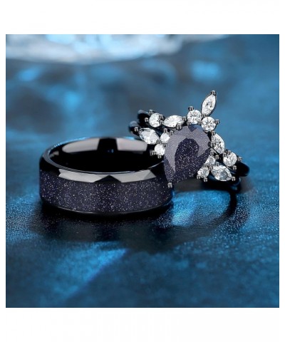 Custom Black Matching Rings - Couples' Blue Sandstone, Pear Cut with Personalized Engraving Men's ring $25.65 Rings