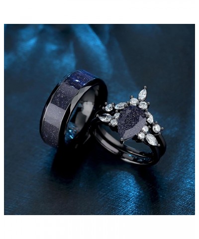 Custom Black Matching Rings - Couples' Blue Sandstone, Pear Cut with Personalized Engraving Men's ring $25.65 Rings