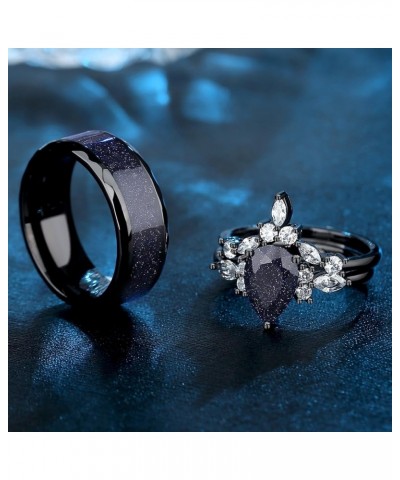 Custom Black Matching Rings - Couples' Blue Sandstone, Pear Cut with Personalized Engraving Men's ring $25.65 Rings