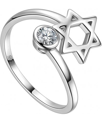 Star of David Ring Adjustable Women Men 925 Sterling Silver Magen David Star Round Zircon Solitaire Ring Judaic Star Of David...