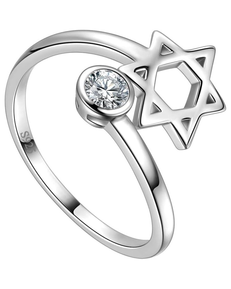 Star of David Ring Adjustable Women Men 925 Sterling Silver Magen David Star Round Zircon Solitaire Ring Judaic Star Of David...