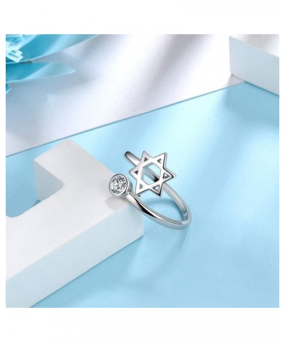 Star of David Ring Adjustable Women Men 925 Sterling Silver Magen David Star Round Zircon Solitaire Ring Judaic Star Of David...