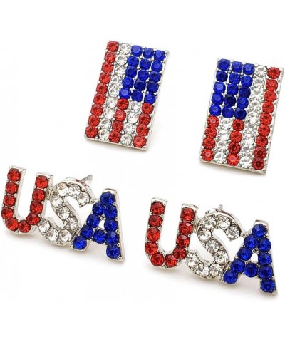 Patriotic Red, White, Blue American USA Flag 4th of July Independence Pierced 2 Pair Earring Set Silver Tone - USA, Flag Stud...