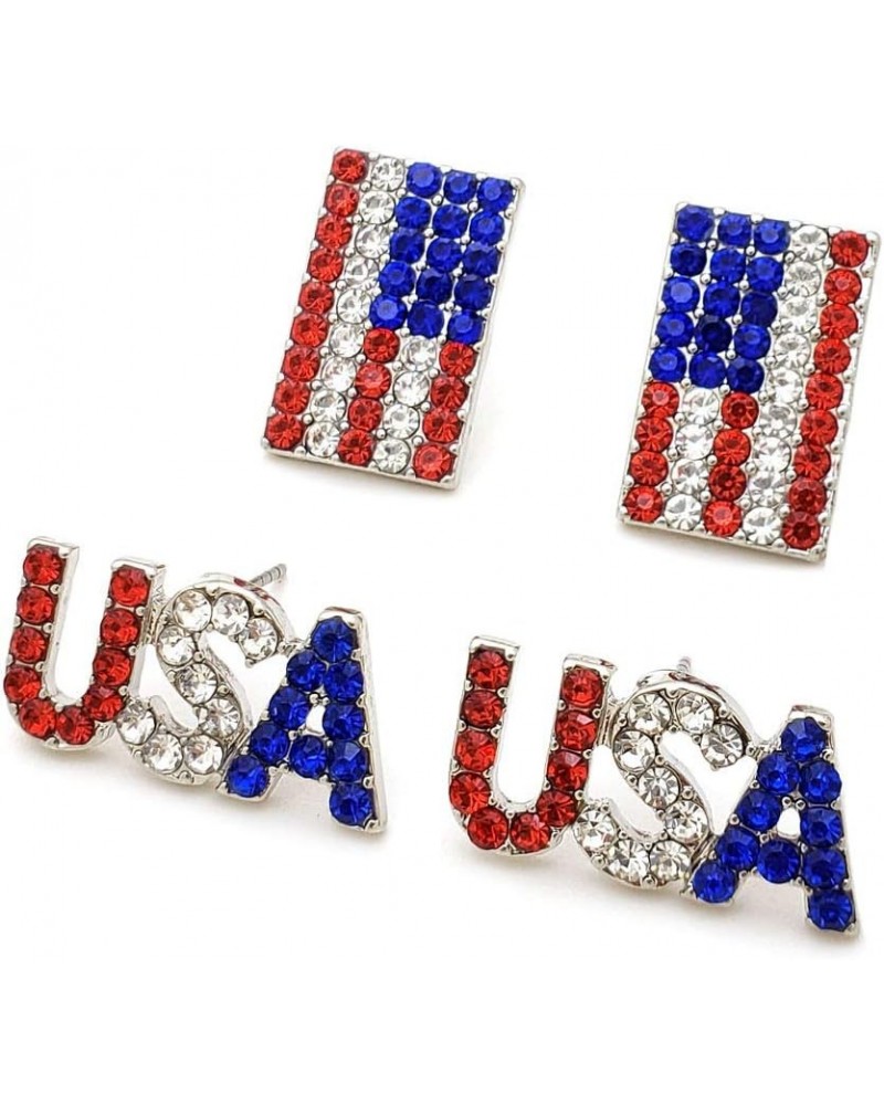 Patriotic Red, White, Blue American USA Flag 4th of July Independence Pierced 2 Pair Earring Set Silver Tone - USA, Flag Stud...