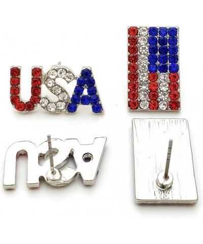 Patriotic Red, White, Blue American USA Flag 4th of July Independence Pierced 2 Pair Earring Set Silver Tone - USA, Flag Stud...