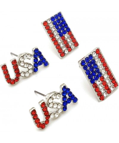 Patriotic Red, White, Blue American USA Flag 4th of July Independence Pierced 2 Pair Earring Set Silver Tone - USA, Flag Stud...