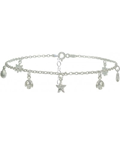 925 Sterling Silver Rolo Chain Dangling Starfish Shell Turtle Charm Ankle Bracelet for Women Men Teen Girls, 9 Inch + 1" Exte...