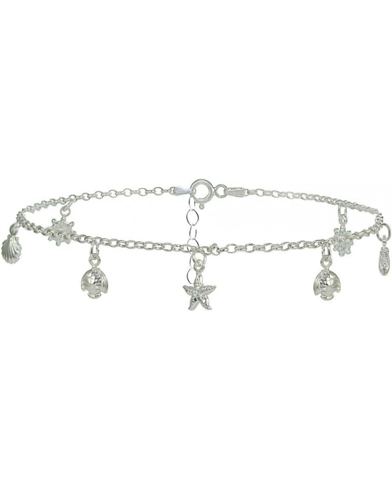 925 Sterling Silver Rolo Chain Dangling Starfish Shell Turtle Charm Ankle Bracelet for Women Men Teen Girls, 9 Inch + 1" Exte...