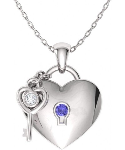 Natural and Certified Gemstone and Diamond Love Lock and Key Heart Necklace in 14k White Gold |0.02 Carat Pendant with Chain ...