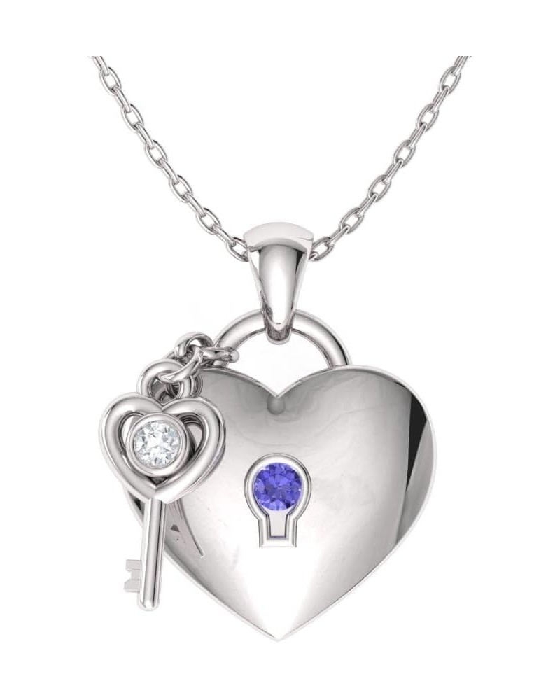 Natural and Certified Gemstone and Diamond Love Lock and Key Heart Necklace in 14k White Gold |0.02 Carat Pendant with Chain ...