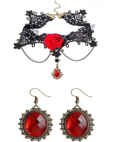 Gothic Red Flower Black Lace Jewelry Set for Women Girls Vintage Charm Sexy Rose Flowers Lolita Black Collar Chocker Chain Ta...