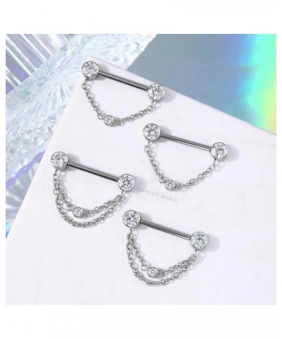 Threadless Push-In Nipple Ring 14G Stainless Steel Chain Nipple Piercing Jewelry 2PCS Nipple Rings for Women Dangle CZ Nipple...