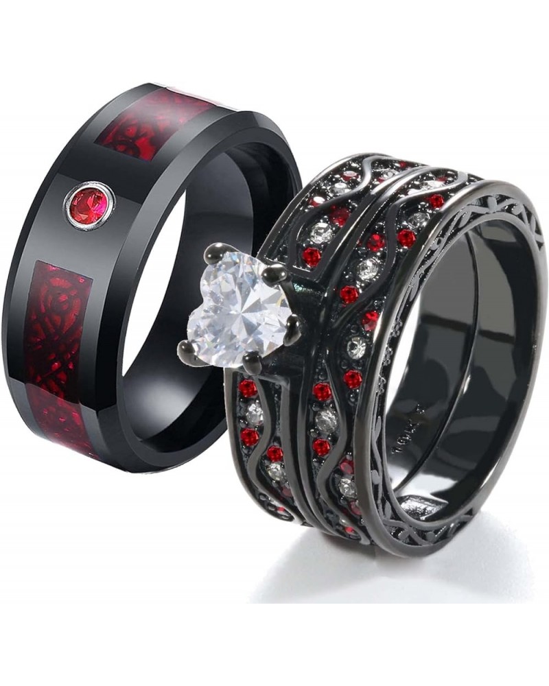 Couple Rings Black and Red Matching Rings His and Her Rings Heart CZ Women Wedding Ring Sets Titanium Men Wedding Bands Red w...